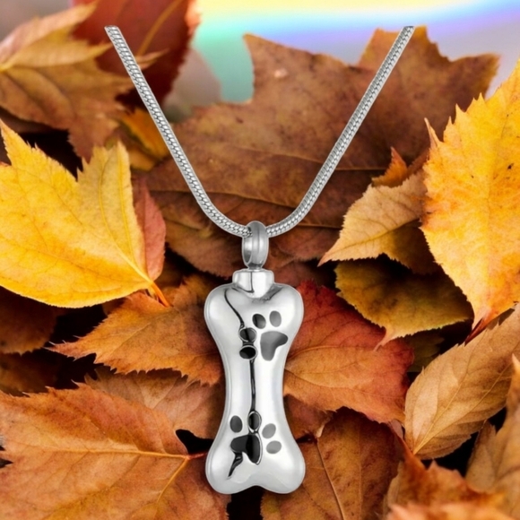 Pet cremation ashes necklace, memorial, rainbow bridge jewelry, bone paws - Picture 1 of 4